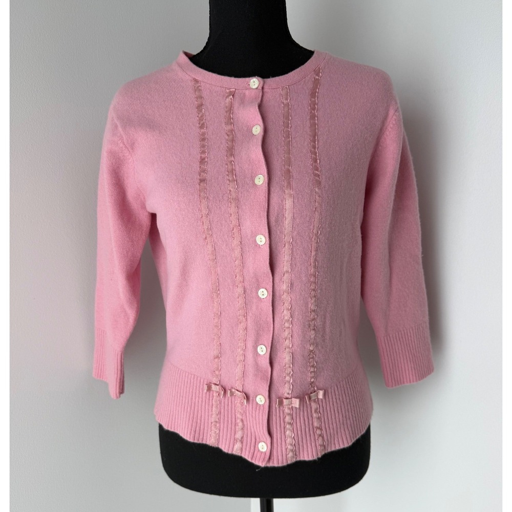 Coastal Grandma Coquette Cottagecore Pink Lambswool Blend Cardigan 3/4 Sweater L